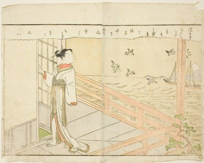 Dubbele pagina illustratie uit Vol. 2 van "Prentenboek van Lente Brokaten (Ehon haru no nishiki)" door Suzuki Harunobu