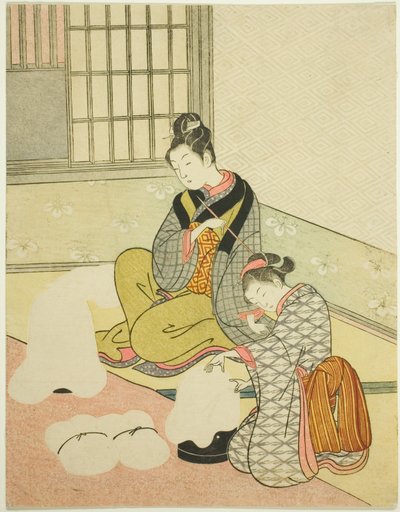 Avondsneeuw op een flossvormer (Nurioke no bosetsu), uit de serie "Acht uitzichten van de salon (Zashiki hakkei)" door Suzuki Harunobu