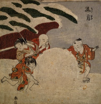 Vier jongens maken een sneeuwbal, c.1768 door Suzuki Harunobu