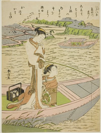 Ganzen dalen neer op de Sumida-rivier (Sumidagawa no rakugan), uit de serie "Acht modieuze uitzichten van Edo (Furyu Edo hakkei)" door Suzuki Harunobu