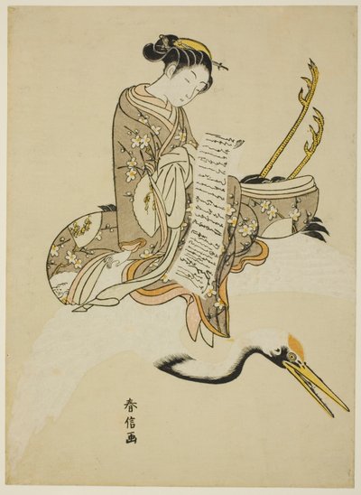 Meisje dat op een Kraanvogel Rijdt (parodie op Hi Chobo [Chinees: Fei Zhangfang]) door Suzuki Harunobu