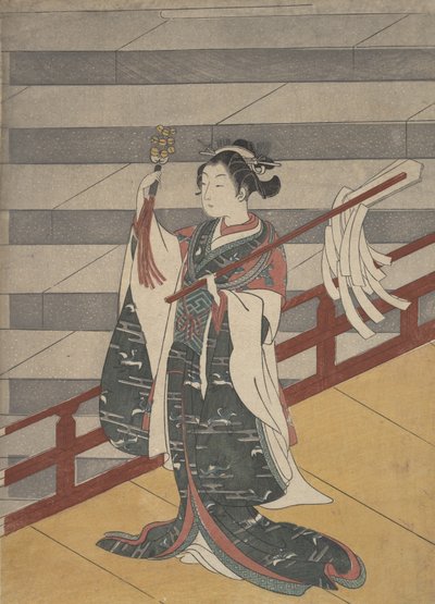 Meisje op balkon boven stenen trap door Suzuki Harunobu