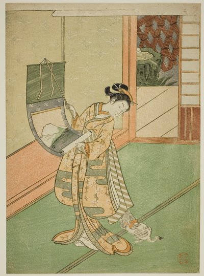 Een schilderij ophangen (parodie op de Derde Prinses) door Suzuki Harunobu