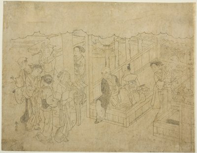 Sleutelblokdruk voor De introductie (Miai), het eerste blad uit de serie "Huwelijk in brokaatprenten, de koets van de deugdzame vrouw (Konrei nishiki misao-guruma)" door Suzuki Harunobu