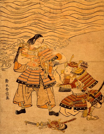 Kumagai Naozane en Taira no Atsumori, episode uit oorlog tussen Taira en Minamoto door Suzuki Harunobu