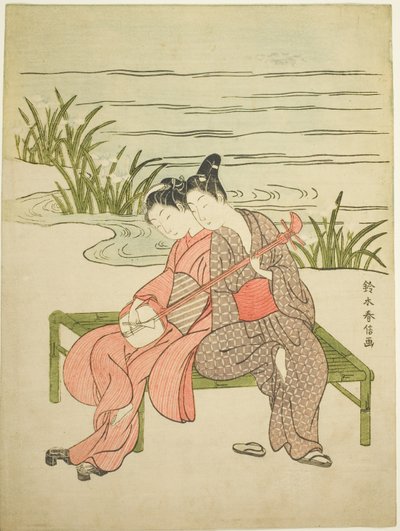 Liefhebbers die dezelfde Shamisen spelen (parodie op Xuanzong en Yang Guifei) door Suzuki Harunobu