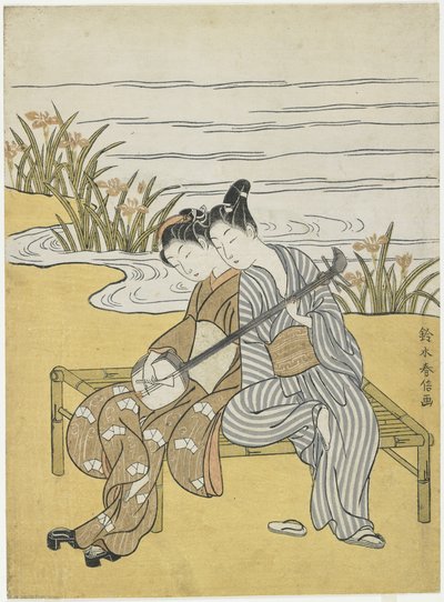 Liefhebbers die dezelfde shamisen spelen als een Mitate van keizer Xuanzong en Yang Guifei, c. 1767 door Suzuki Harunobu