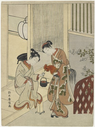 Geliefden die een Haan Sake Geven, ca. 1767 door Suzuki Harunobu