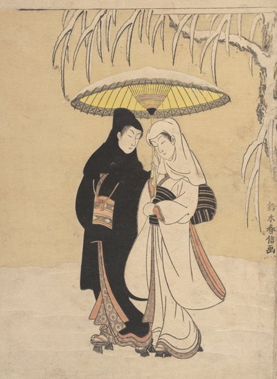Liefhebbers wandelen in de sneeuw Kraai en Reiger door Suzuki Harunobu