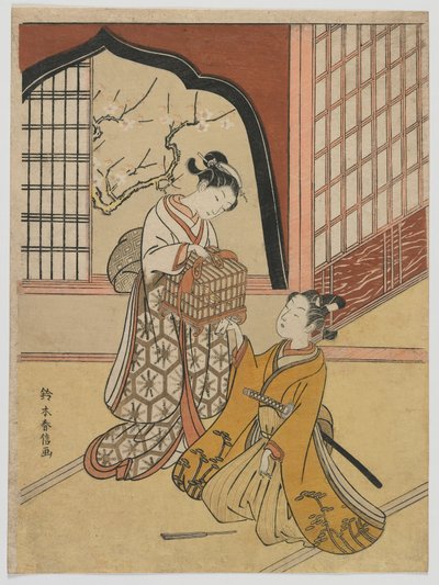 Liefhebbers met een vogelkooi, Edo-periode, ca.1766-67 door Suzuki Harunobu