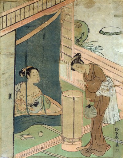Moeder en kind achter muskietennet door Harunobu Suzuki door Suzuki Harunobu