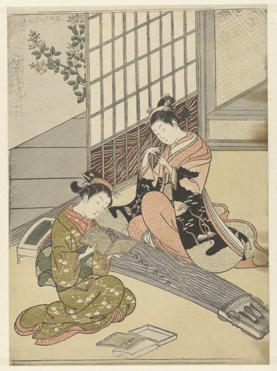 Neerstrijkende ganzen bij de koto bruggen (Acht salongezichten) door Suzuki Harunobu