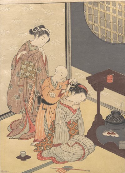 Nachtregen bij de Dubbele Plank Stand, uit de serie Acht Salon Uitzichten, ca. eind 18e eeuw door Suzuki Harunobu