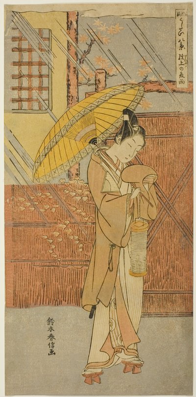 Nachtregen van Genjo, uit de serie "Parodieën van Acht Scènes uit Noh Gezangen" door Suzuki Harunobu