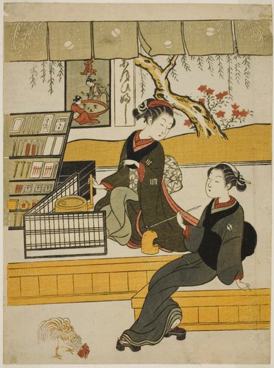 Ofuji, het winkelmeisje van de Motoyanagiya, met een klant door Suzuki Harunobu