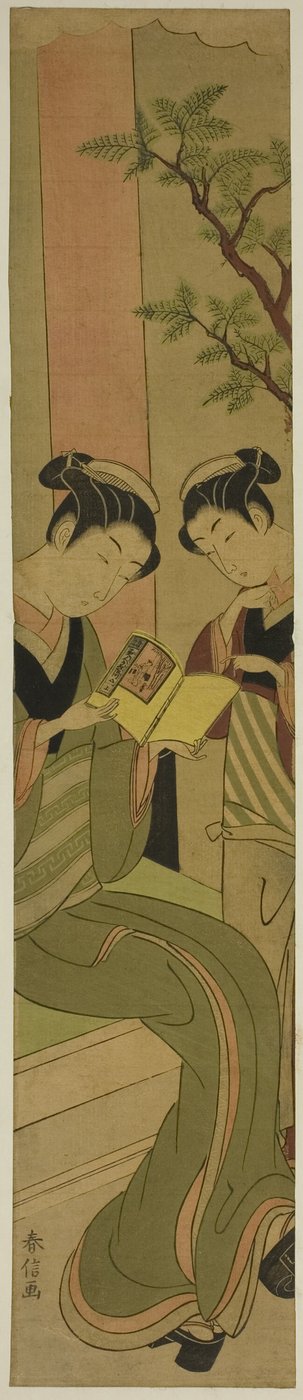 Osen van het Kagiya-theehuis en een assistent die een novelle leest door Suzuki Harunobu