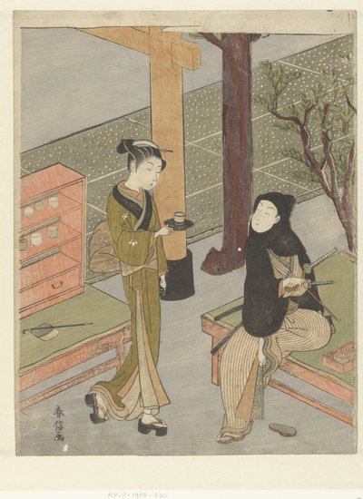 Osen serveert thee aan een klant van haar theekraampje bij het Kasamori heiligdom. door Suzuki Harunobu