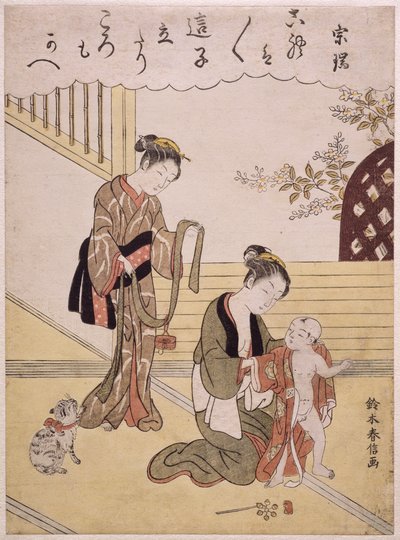 Een moeder kleedt haar jonge zoon in een kimono door Suzuki Harunobu