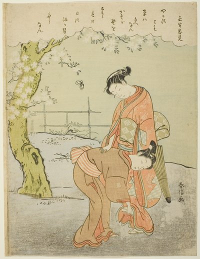 Gedicht van Mibuno no Tadami, uit een ongetitelde serie van Zesendertig Onsterfelijke Dichters door Suzuki Harunobu