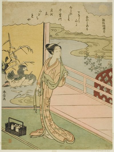Gedicht van Minamoto no Saneakira Ason, uit een ongetitelde serie van Zesendertig Onsterfelijke Dichters door Suzuki Harunobu