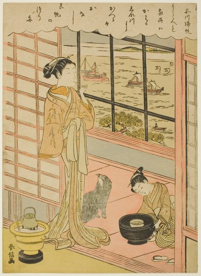 Terugkerende zeilen bij Shinagawa (Shinagawa no kihan), uit de serie "Acht modieuze uitzichten van Edo (Furyu Edo hakkei)" door Suzuki Harunobu