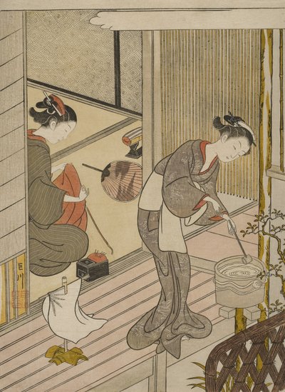 Terugkerende zeilen van het handdoekenrek door Suzuki Harunobu