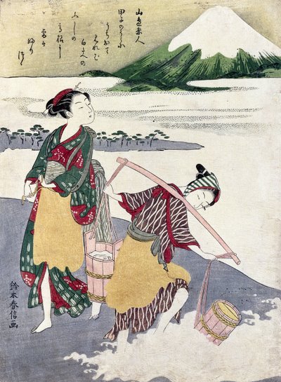 Zoutmeisjes op het Tago-no-ura strand met de berg Fuji op de achtergrond (kleur houtsnede) door Suzuki Harunobu