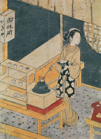 Dienstmeid maakt thee (kleur houtsnede) door Suzuki Harunobu