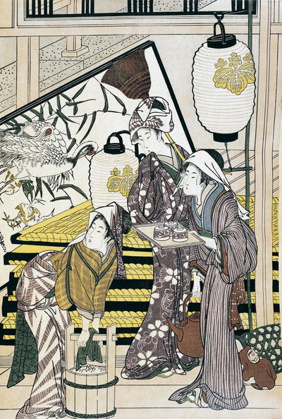 Dienaren aan het werk thuis, ukiyo-e kunstafdruk door Suzuki Harunobu, houtsnede, Japanse beschaving, Edo-periode door Suzuki Harunobu