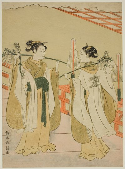 Shrine Maagden Onami en Ohatsu Dansen bij Yushima Tenjin Shrine door Suzuki Harunobu