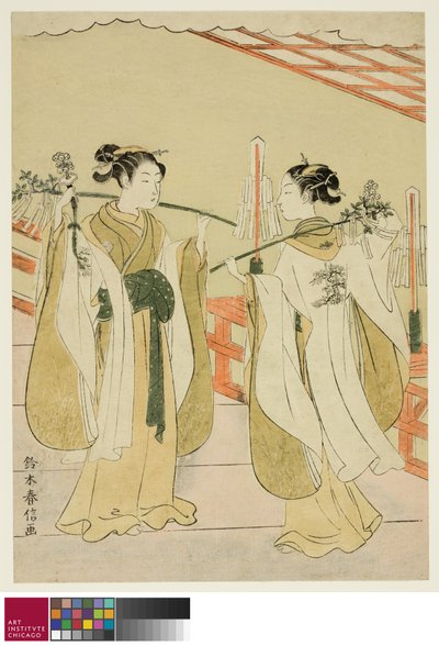 Shrine Maagden Onami en Ohatsu Dansen bij Yushima Tenjin Shrine, ca. 1769 door Suzuki Harunobu