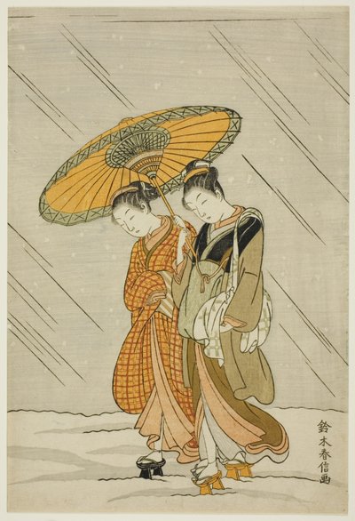 Sneeuw op de Terugweg van het Openbare Bad door Suzuki Harunobu