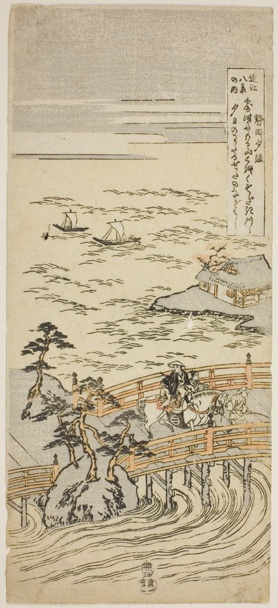 Zonsondergang bij Seta (Seta sekisho), uit de serie "Acht Zichten van Omi (Omi hakkei no uchi)" door Suzuki Harunobu