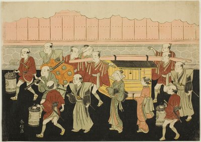 De bruid rijdt in de draagstoel naar het huis van haar man (Koshi-iri), het derde blad uit de serie "Huwelijk in brokaatdrukken, het rijtuig van de deugdzame vrouw (Konrei nishiki misao-guruma)". door Suzuki Harunobu