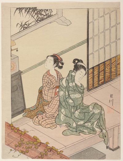 De avondklok (Tokei no bansho), uit de serie "Acht uitzichten van de salon (Zashiki hakkei)" door Suzuki Harunobu