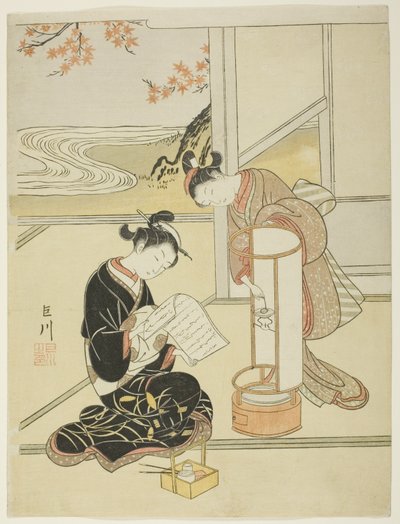 De avondgloed van een lamp, uit de serie "Acht uitzichten van de salon" door Suzuki Harunobu