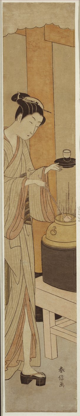 De serveerster Osen van het Kagiya Theehuis door Suzuki Harunobu