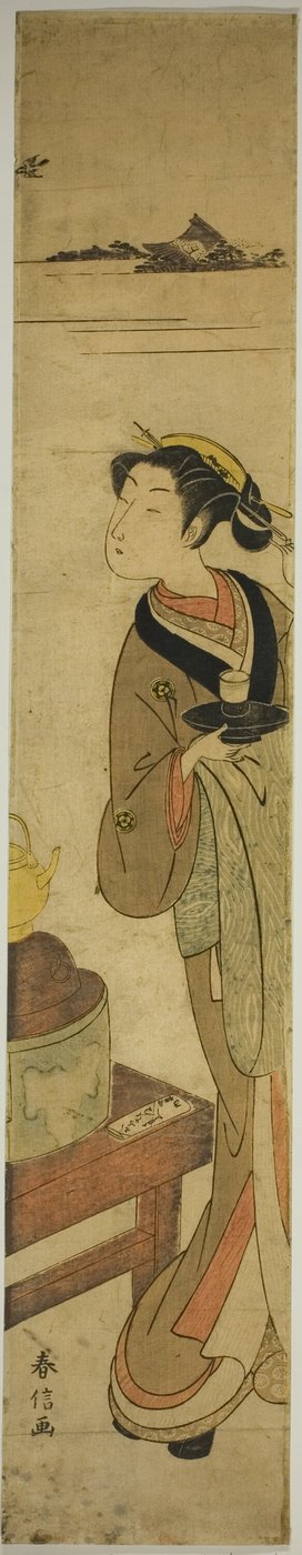 De serveerster Osen van het Kagiya-theehuis die een kopje thee draagt door Suzuki Harunobu