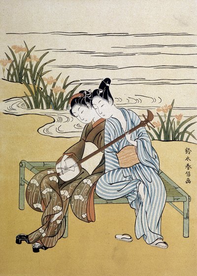 De shamisen: koppel speelt shamisen - door Harunobou, in 