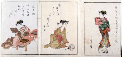 Drie courtisanes. Van links naar rechts, Hiinatsuru, Hanagishi en de derde onbekend. Prenten door Harunobu Suzuki (1724/25-1770). door Suzuki Harunobu