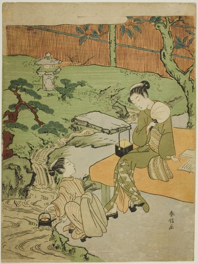 Twee Meisjes Genieten van de Avondkoelte in een Tuin door Suzuki Harunobu