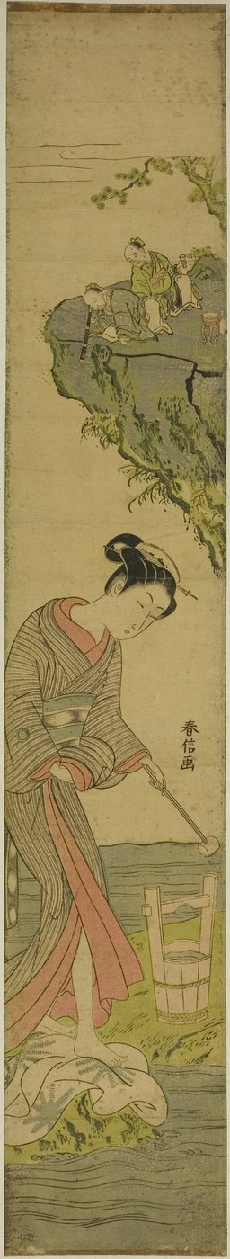 Twee wijzen die naar een schoonheid kijken die stof treedt (parodie op Kume Sennin) door Suzuki Harunobu