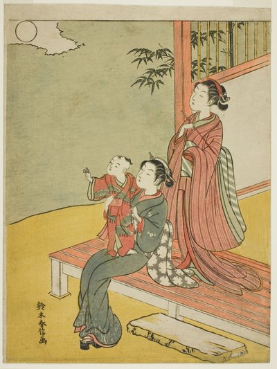 Twee vrouwen en een kind die de volle maan bekijken door Suzuki Harunobu