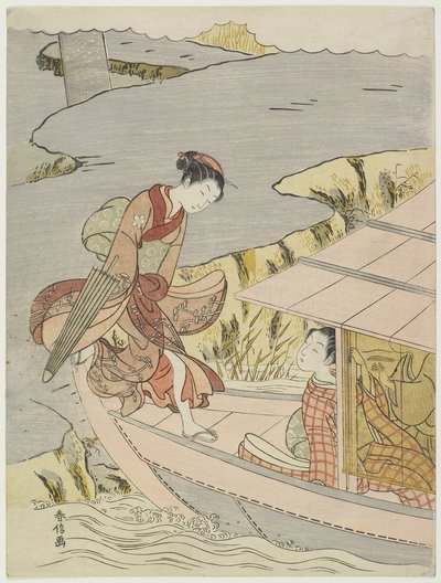 Vrouw die aan boord van een boot gaat, ca. 1767 door Suzuki Harunobu