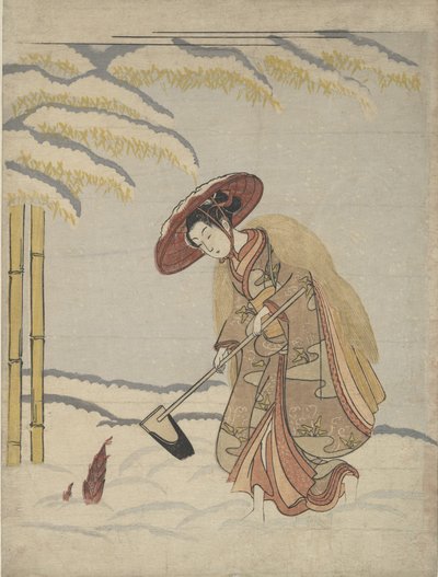 Vrouw die bamboescheuten graaft in de sneeuw, of parodie op Meng Zong Moso, uit Vierentwintig..., ca. 1765 door Suzuki Harunobu