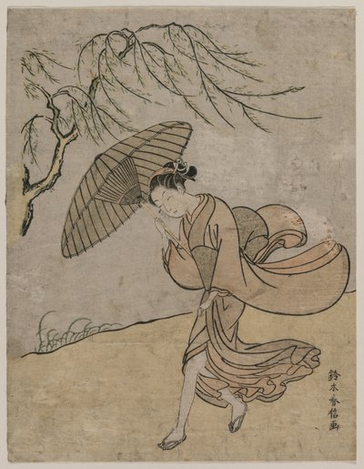 Vrouw die langs een wilgenboom rent in een briesje, 1766 of 1767 door Suzuki Harunobu