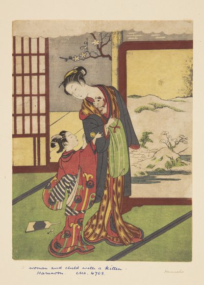 Vrouw en Kind met Kitten door Suzuki Harunobu