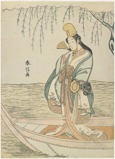 Vrouw in een Asazuma-boot in de gedaante van Shirabyoshi, c. 1767 door Suzuki Harunobu