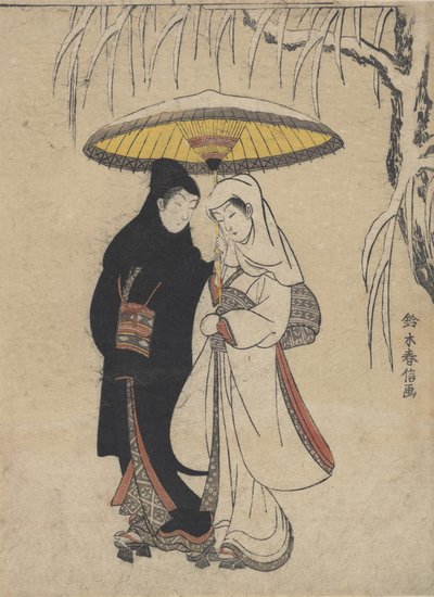 Jonge Geliefden Wandelen Samen onder een Paraplu in een Sneeuwstorm Kraai en Reiger, ca. 1769 door Suzuki Harunobu