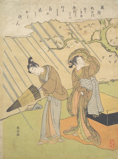 Jonge man en vrouw betrapt in de regen terwijl ze genieten van kersenbloesems Sakura-gari..., ca. 1768-70 door Suzuki Harunobu